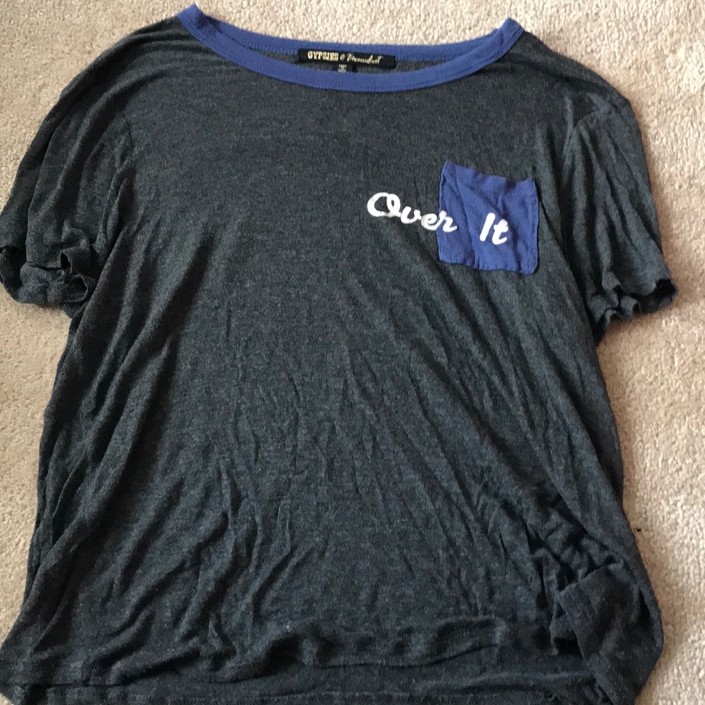 grey and blue short sleeve “over it” t shirt